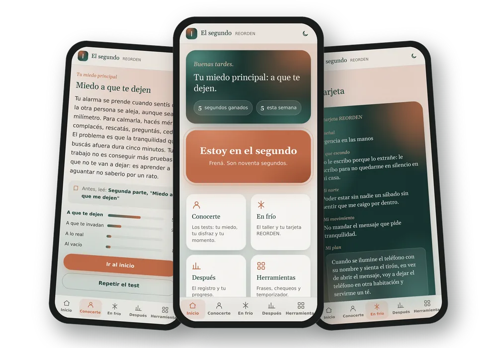 El segundo, la app de práctica de REORDEN: el inicio con el botón del segundo, el resultado del test y la tarjeta