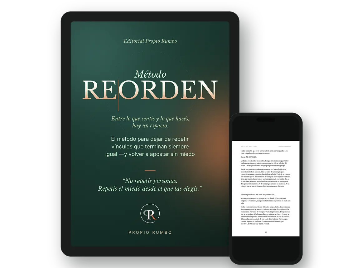 El libro REORDEN en una tablet y una página interior en el celular